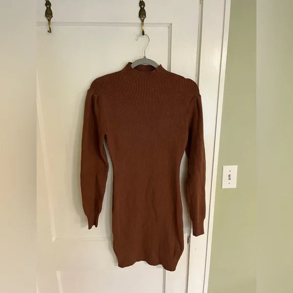 Brown Ribbed Mock Neck Bishop Sleeve Dress - Picture 2 of 3